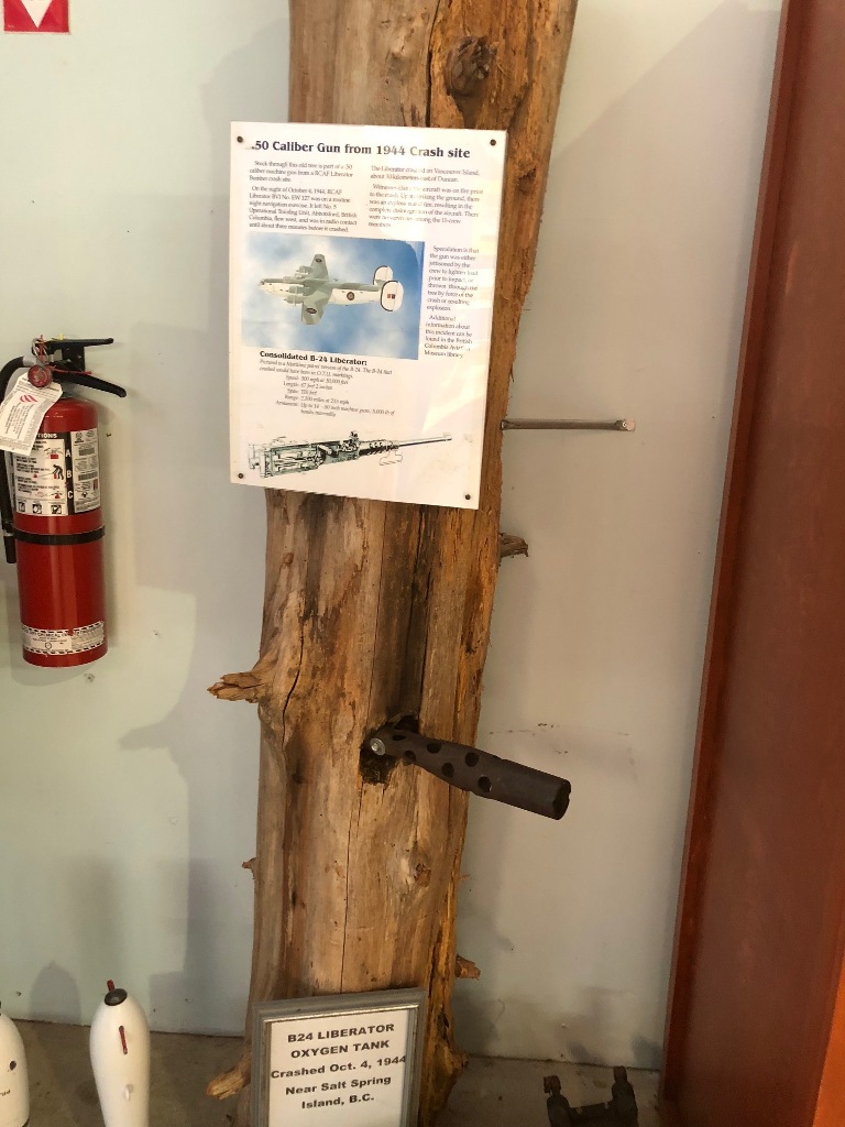  A 50-calibre machine gun barrel was found imbedded in a tree at the crash site and was donated to the BC Aviation Museum at Victoria airport.