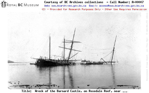 Black and white photo showing the Barnard Castle aground in Pilot Bay circa 1886.
