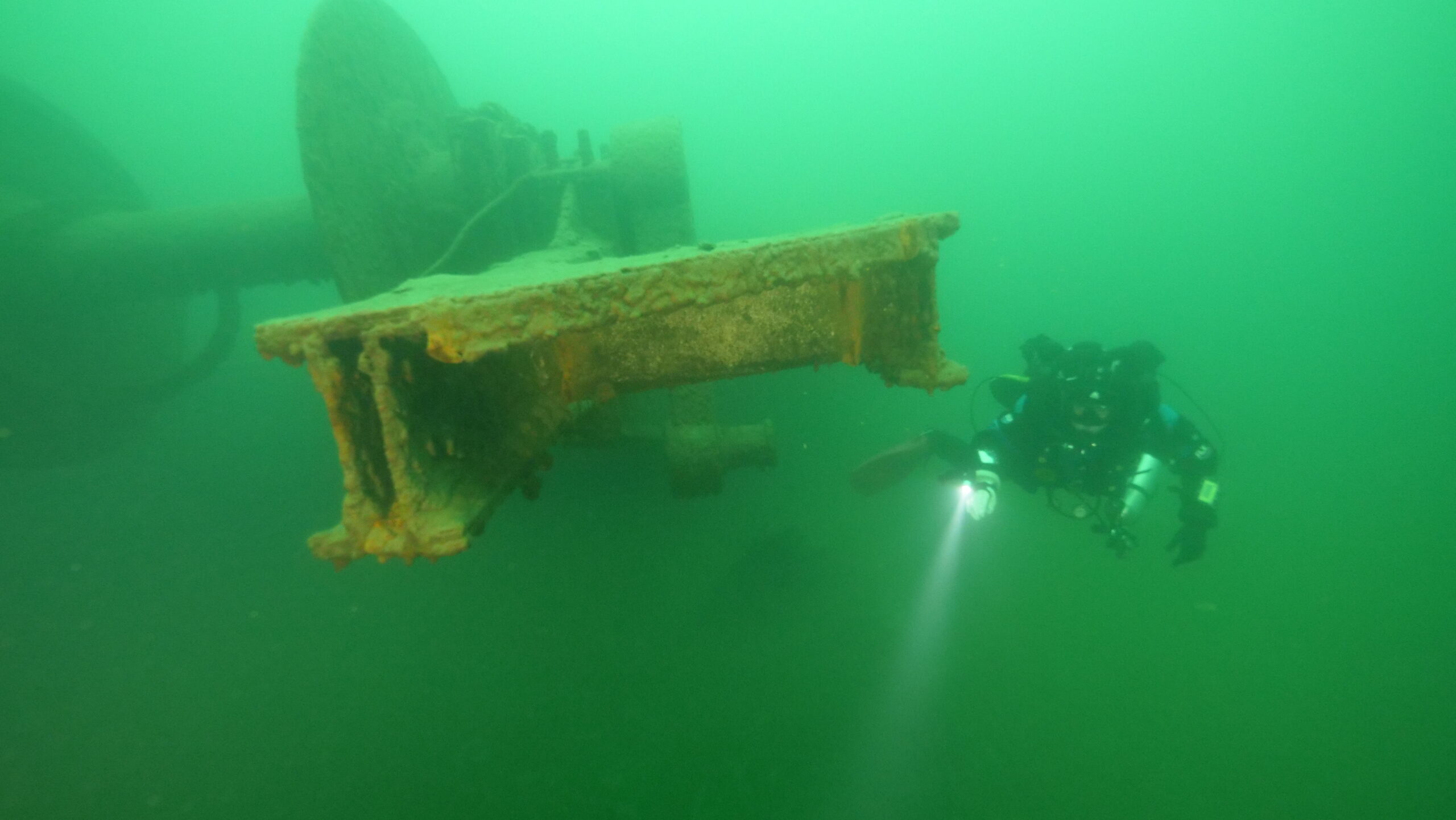 underwater photo of a diver beside the Bonnington paddle shaft.