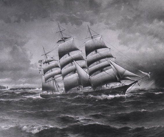 A black and white image of Dashing Wave under sail