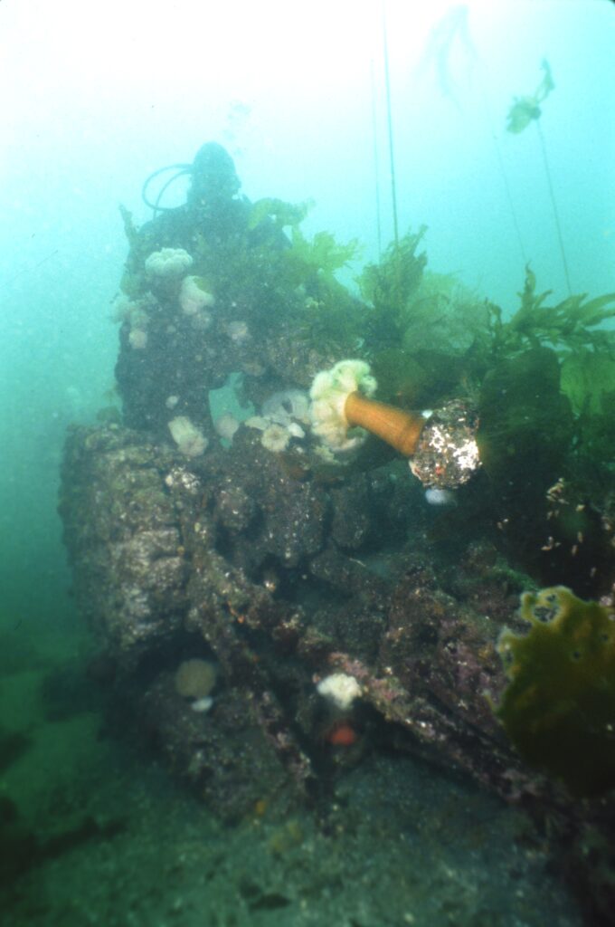 A UASBC diver examines the engine from the Dora.