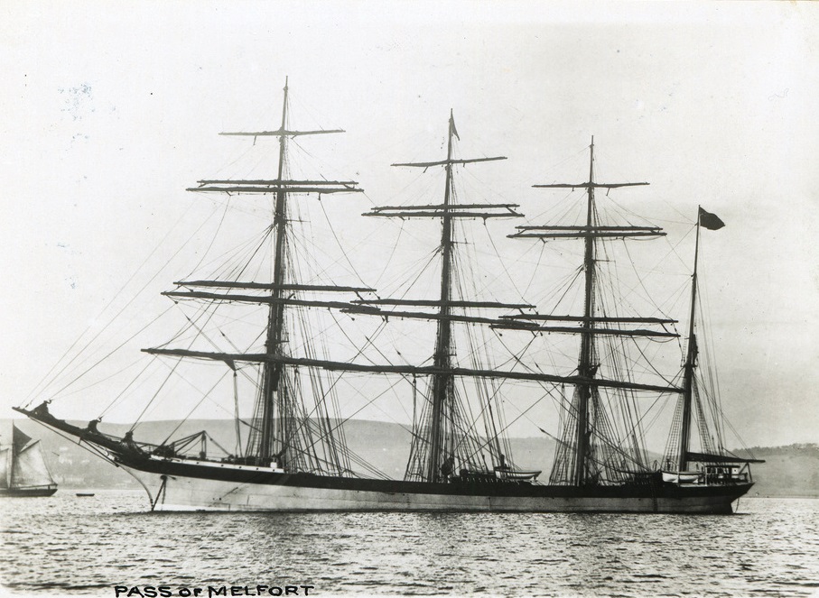 A period black and white photo of Pass of Melfort at anchor