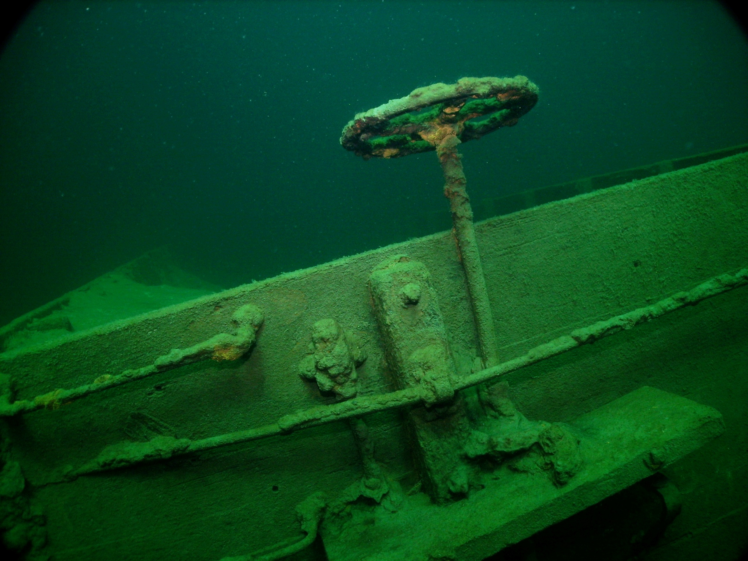 A close up of a railcar resting on the bottom of Slocan Lake.