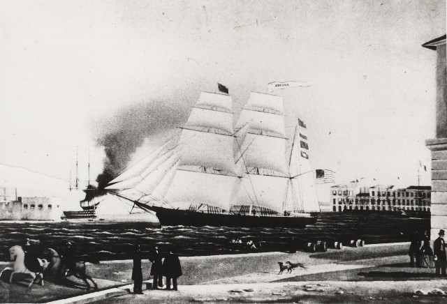 Painting showing Zephyr in Messina Harbour, Sicily in 1856