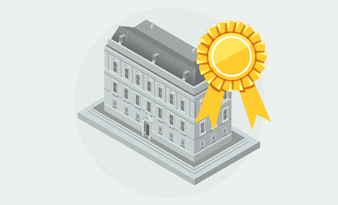 historic building with a prize ribbon on top graphic