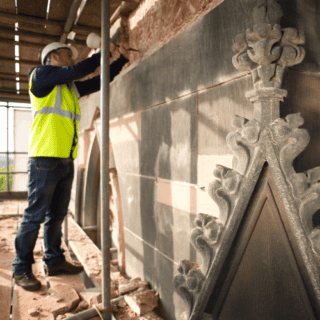 construction worker standing on scaffolding working on a side of an old stone building