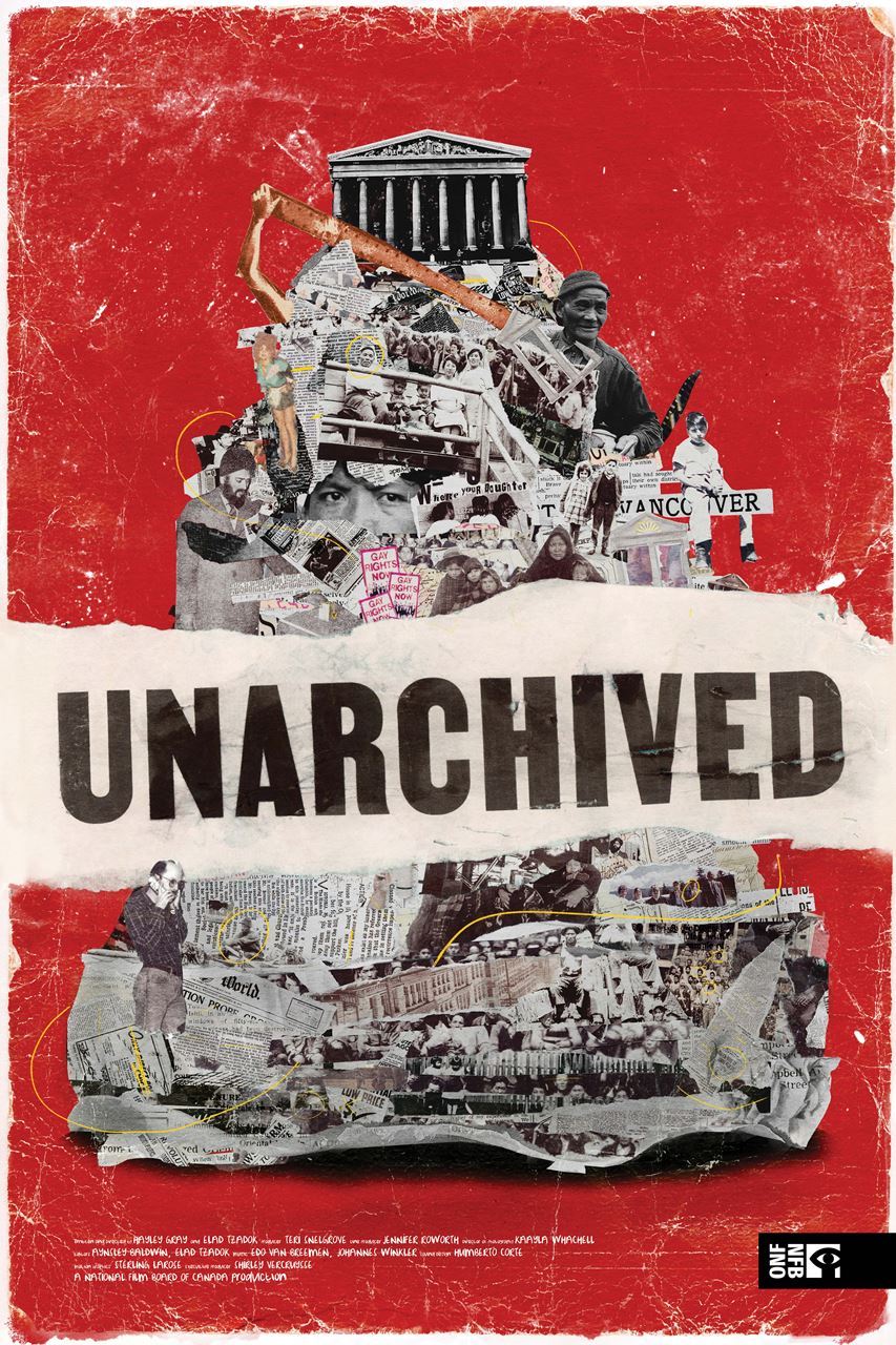 Red film poster with collaged images and text with the title Unarchived