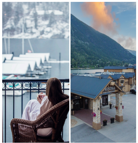Image of a woman sitting on a chair next to an image of the exterior of the Prestige Hotel Resort in Nelson, BC.